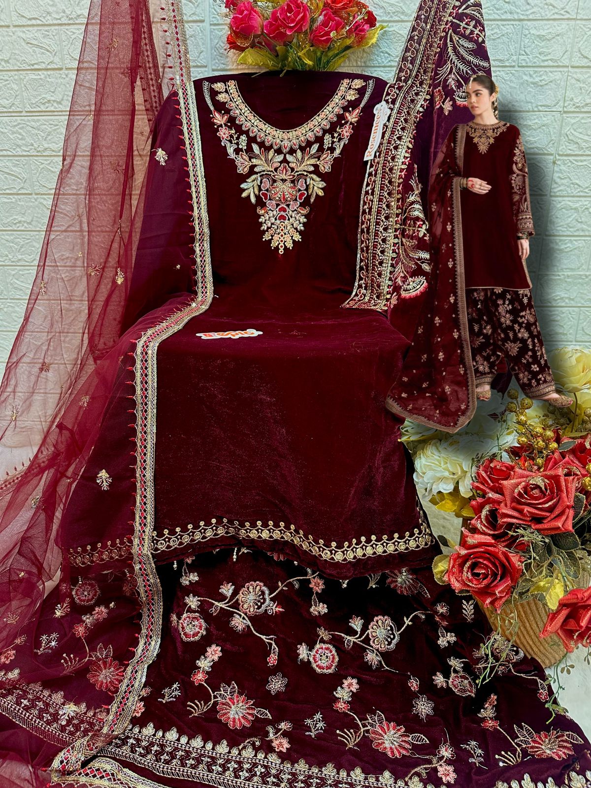 WINTER SPECIAL  VELVET FABRIC MAROON   PAKISTANI SUIT