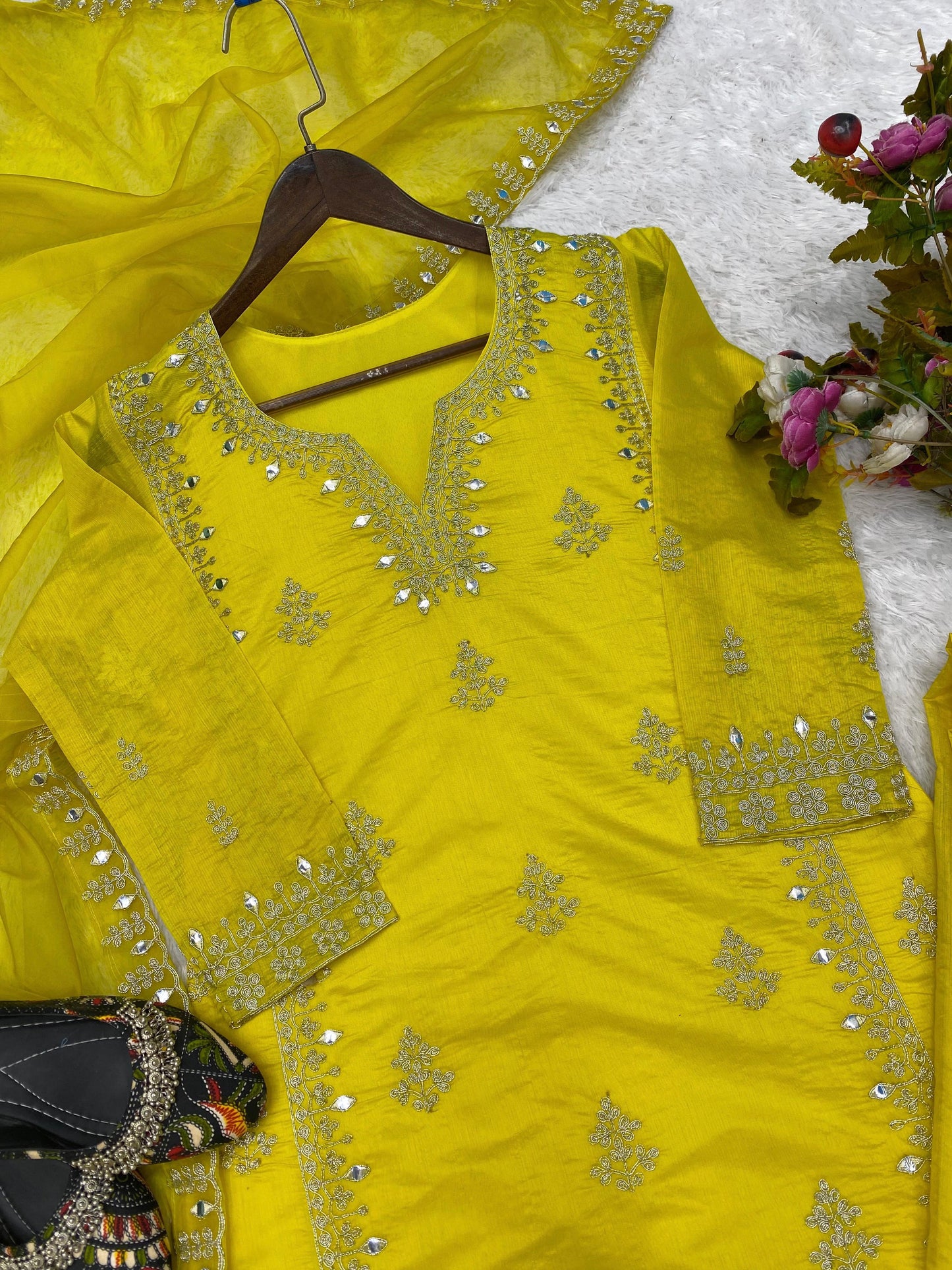 BOLLYWOOD STYLE KIARAA DESIGNER TOP RAJWADI SILK WITH CORDING AND PAPER MIRROR EMBROIDERY WORK WITH PANT AND DUPATTA