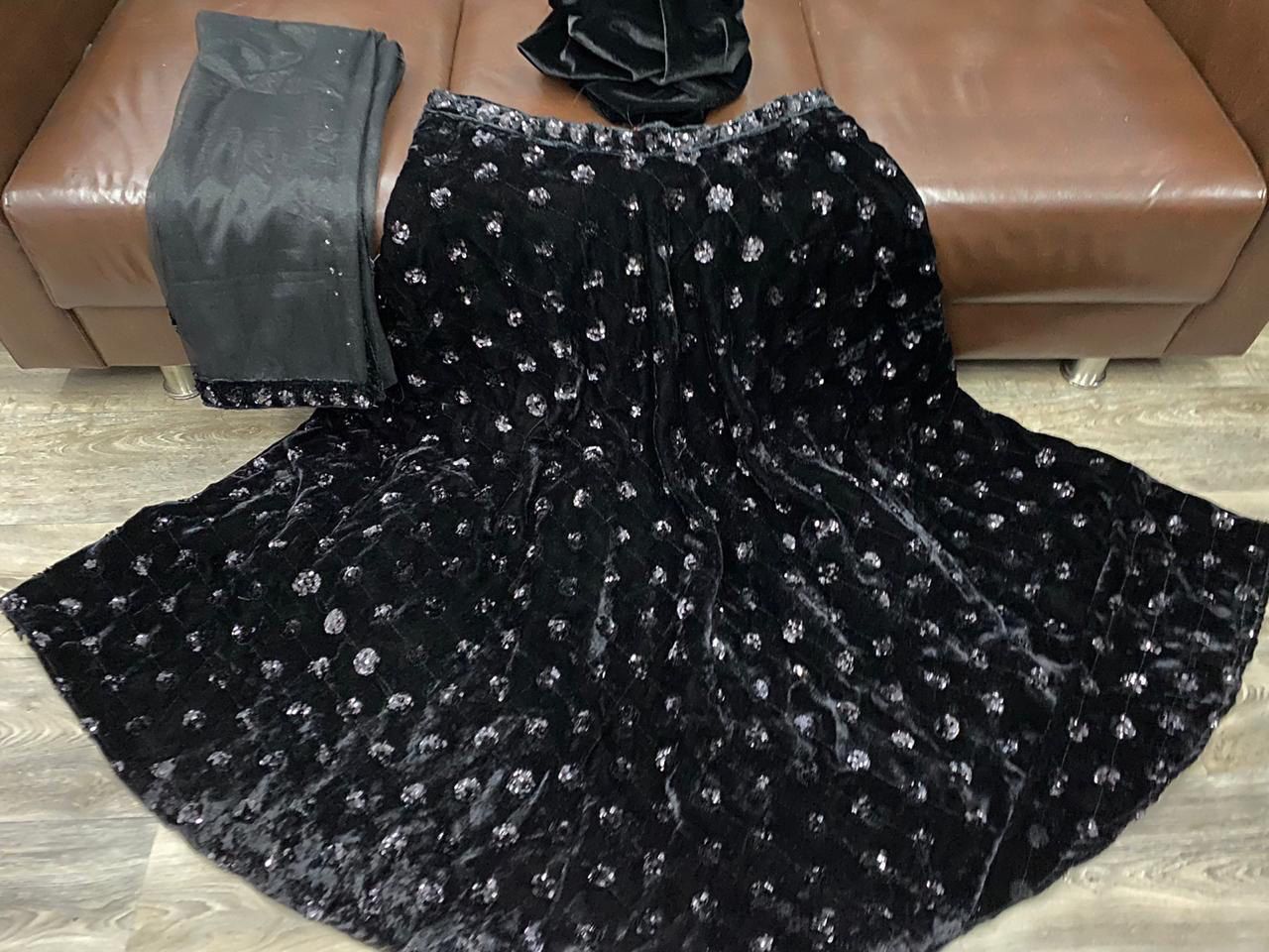 BLACK COLOUR VELVET  FABRIC SEQUNCE  WORK LEHENGA CHOLI