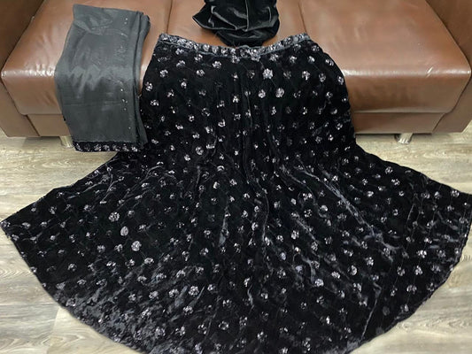 BLACK COLOUR VELVET  FABRIC SEQUNCE  WORK LEHENGA CHOLI