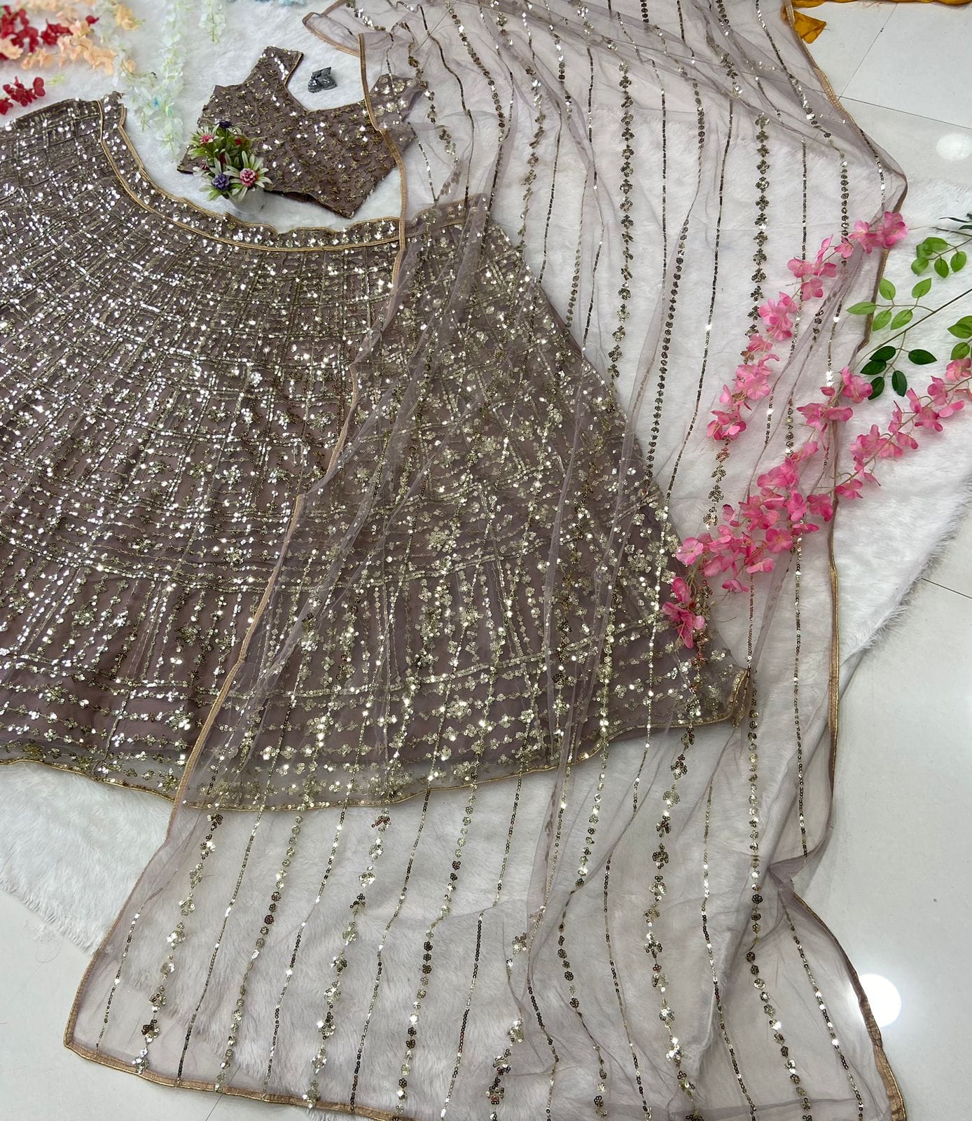 HEAVY  NET FABRIC EMBROIDERY WORK  LEHENGA CHOLI