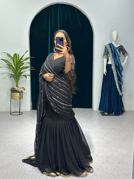 BLACK COLOUR DESIGNER LEHENGA-SAREE WITH EMBROIDERED DUPATTA & FULL FLAIR LEHENGA🥻