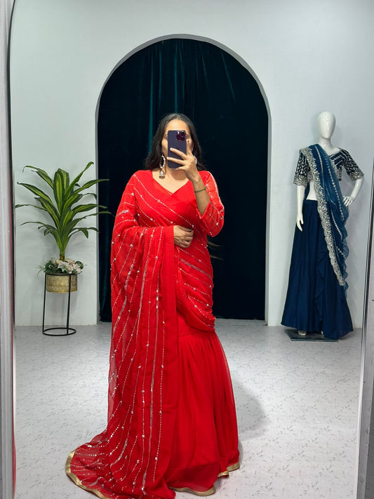 RED COLOUR  COLOUR DESIGNER LEHENGA-SAREE WITH EMBROIDERED DUPATTA & FULL FLAIR LEHENGA🥻