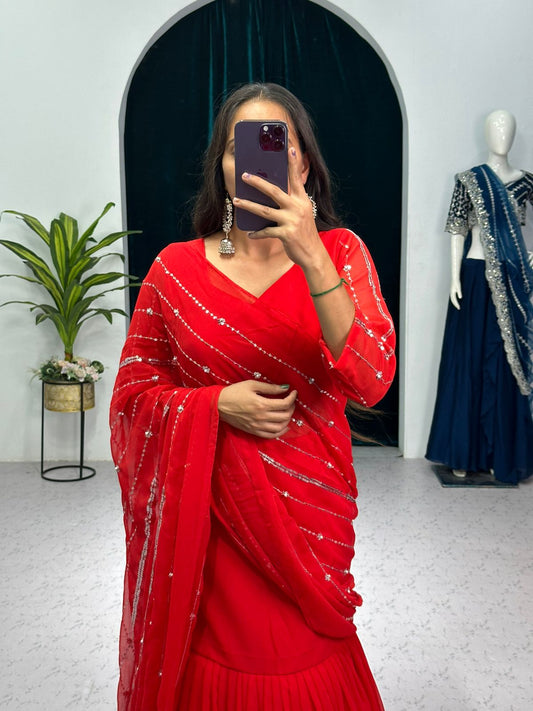 RED COLOUR  COLOUR DESIGNER LEHENGA-SAREE WITH EMBROIDERED DUPATTA & FULL FLAIR LEHENGA🥻