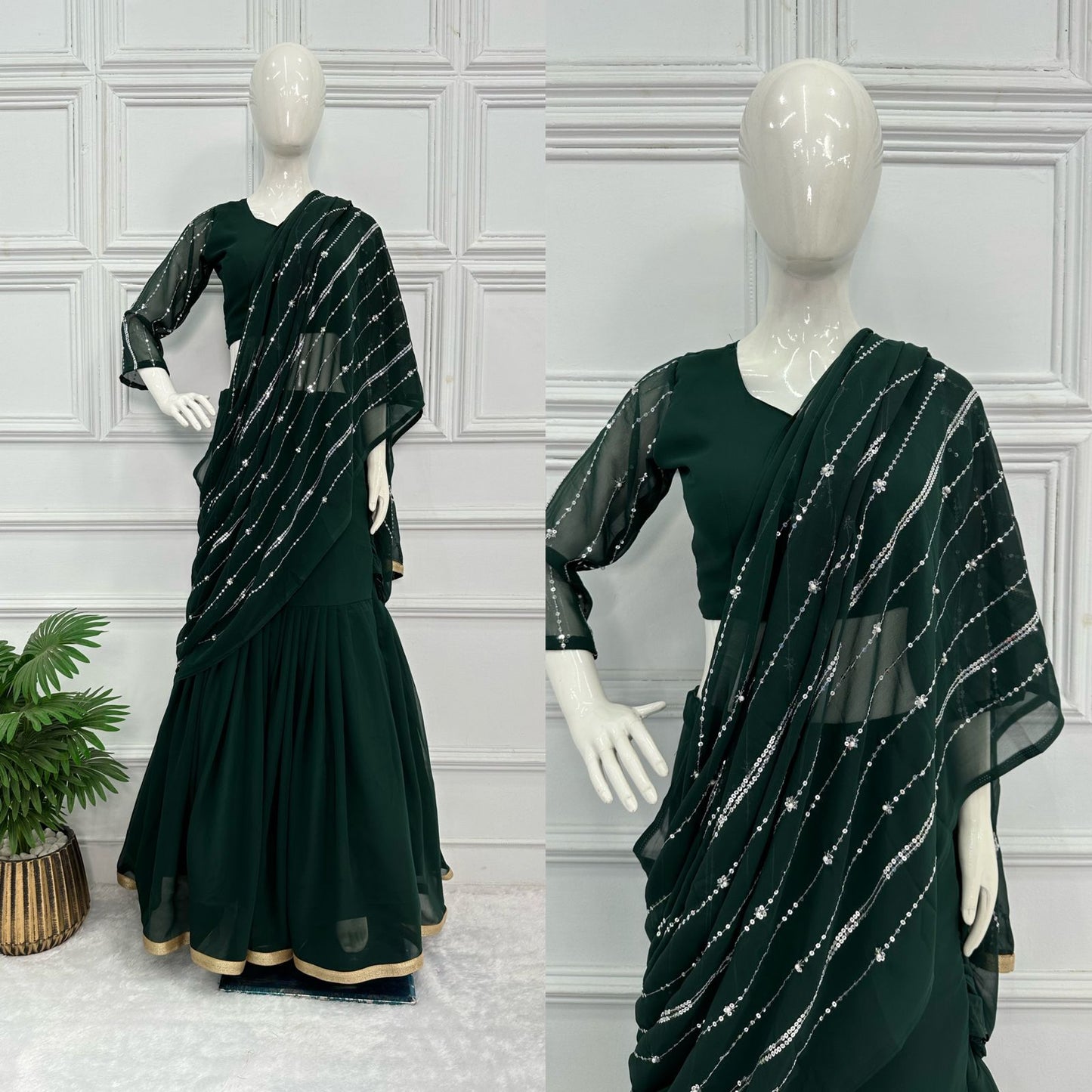 GREEN COLOUR  COLOUR DESIGNER LEHENGA-SAREE WITH EMBROIDERED DUPATTA & FULL FLAIR LEHENGA🥻