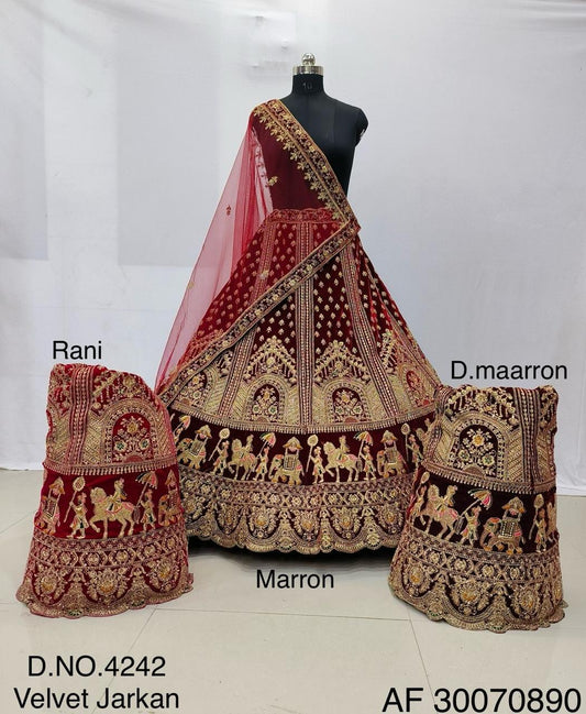 Royal Marron Velvet Jarkan Bridal Lehenga diamond embroidery choli