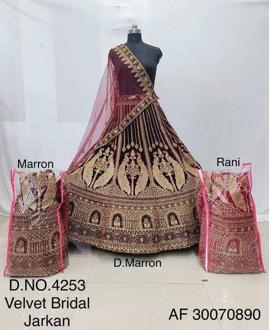 Luxury Marron Velvet Bridal Lehenga With Jarkan diamond embroidery choli