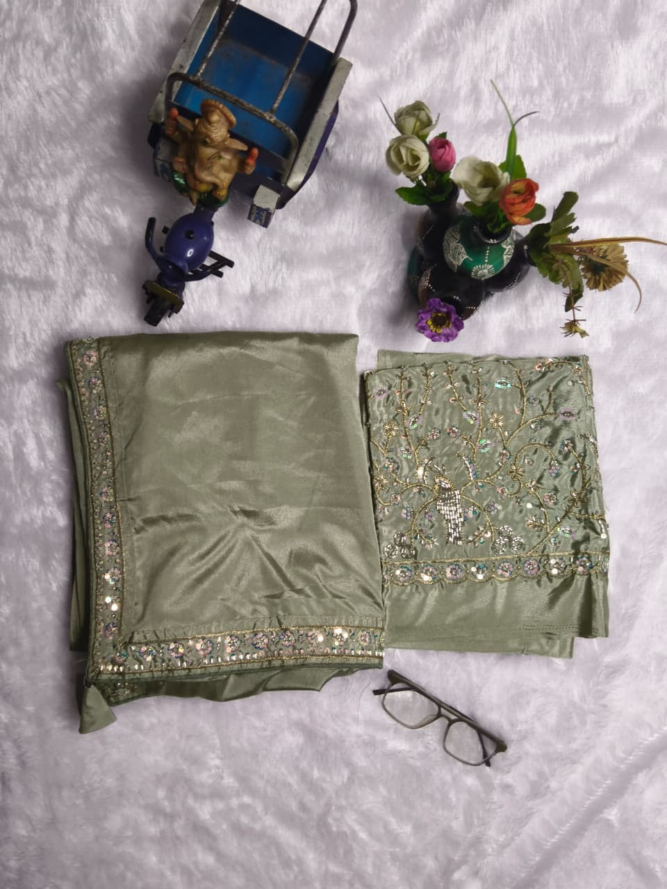 Elegant Sage Green Satin Saree Set