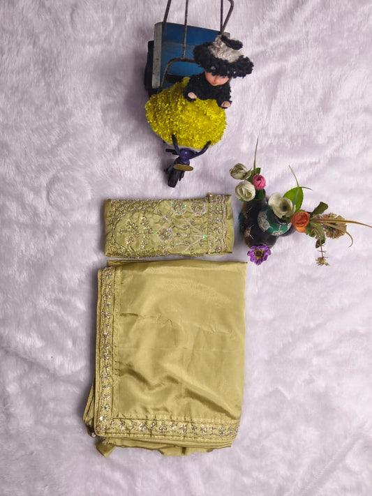 Graceful Pistachio Green Satin Saree Set