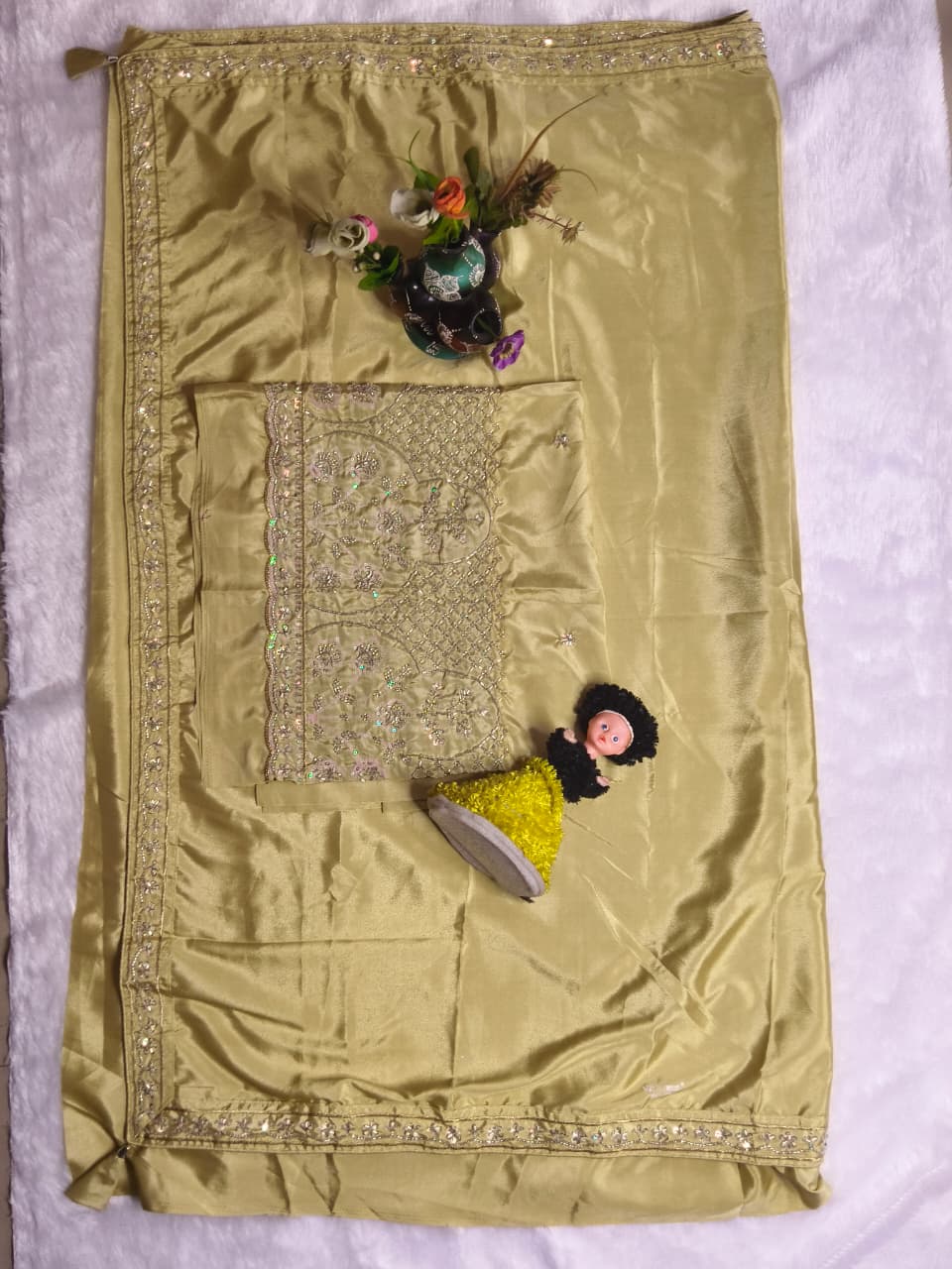 Graceful Pistachio Green Satin Saree Set