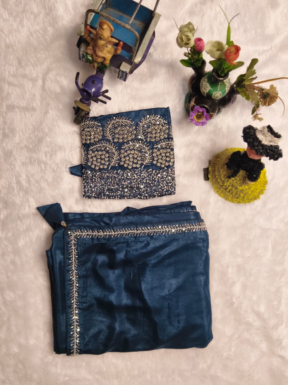 Elegant Teal Blue Satin Saree Set