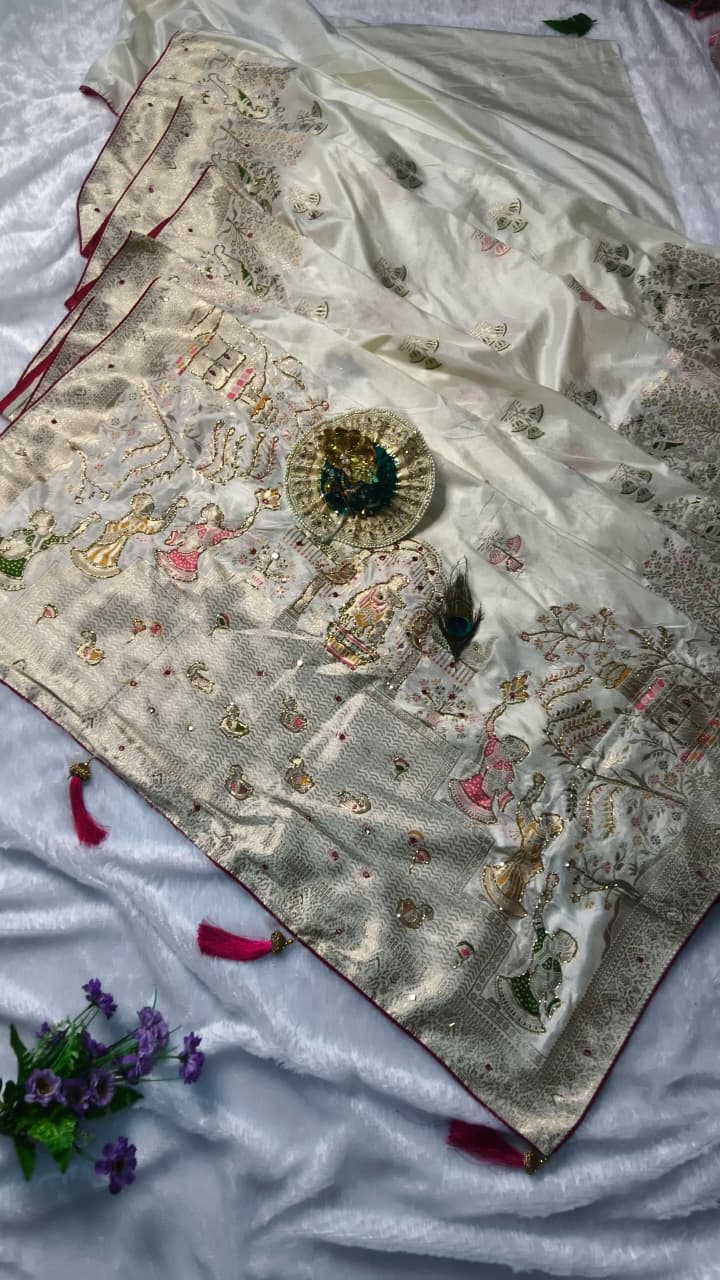 Premium Pashmina Silk Saree with Gopi Krishna Fancy Artwork