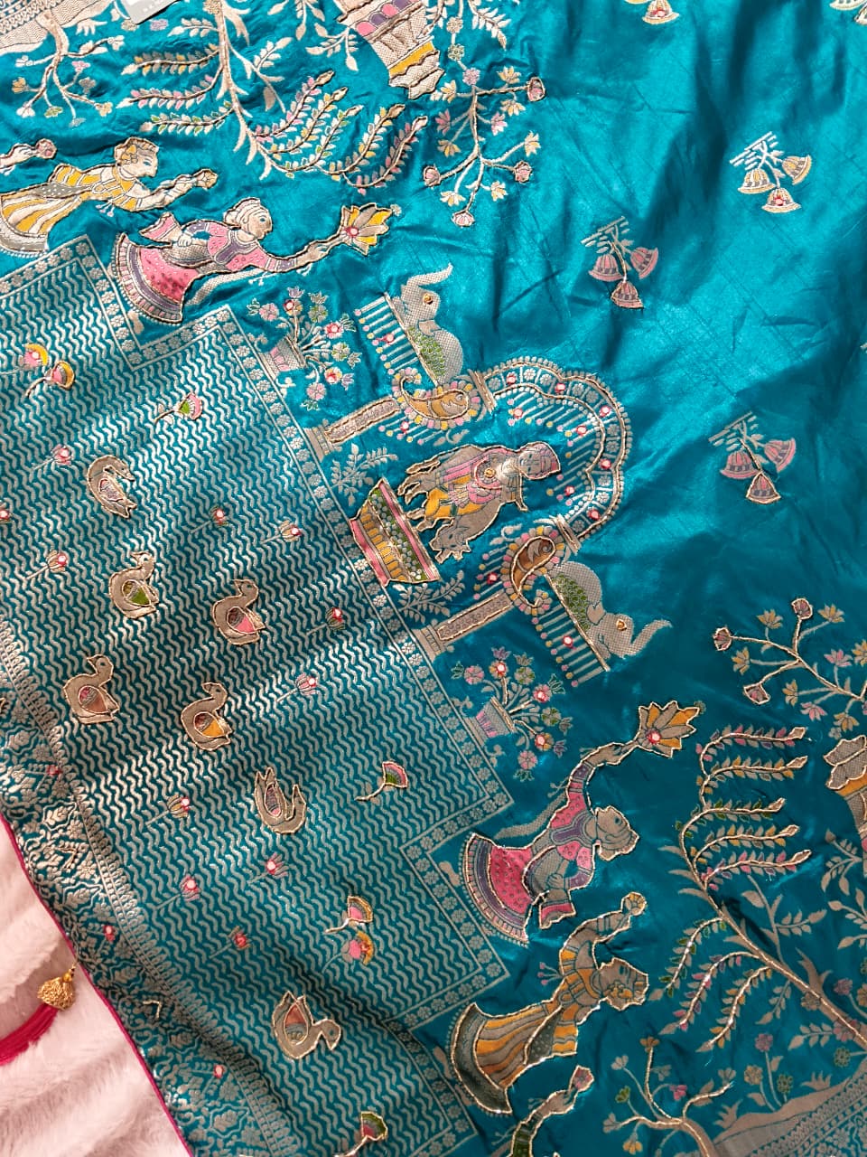 Royal Blue Pashmina Silk Saree with Gopi Krishna Fancy Artwork