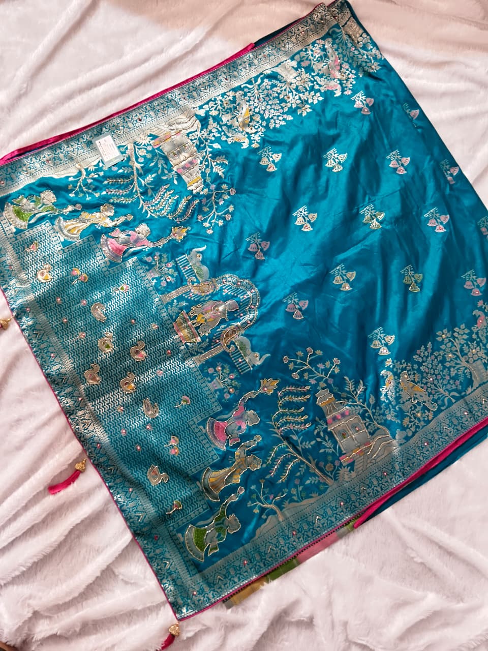 Royal Blue Pashmina Silk Saree with Gopi Krishna Fancy Artwork