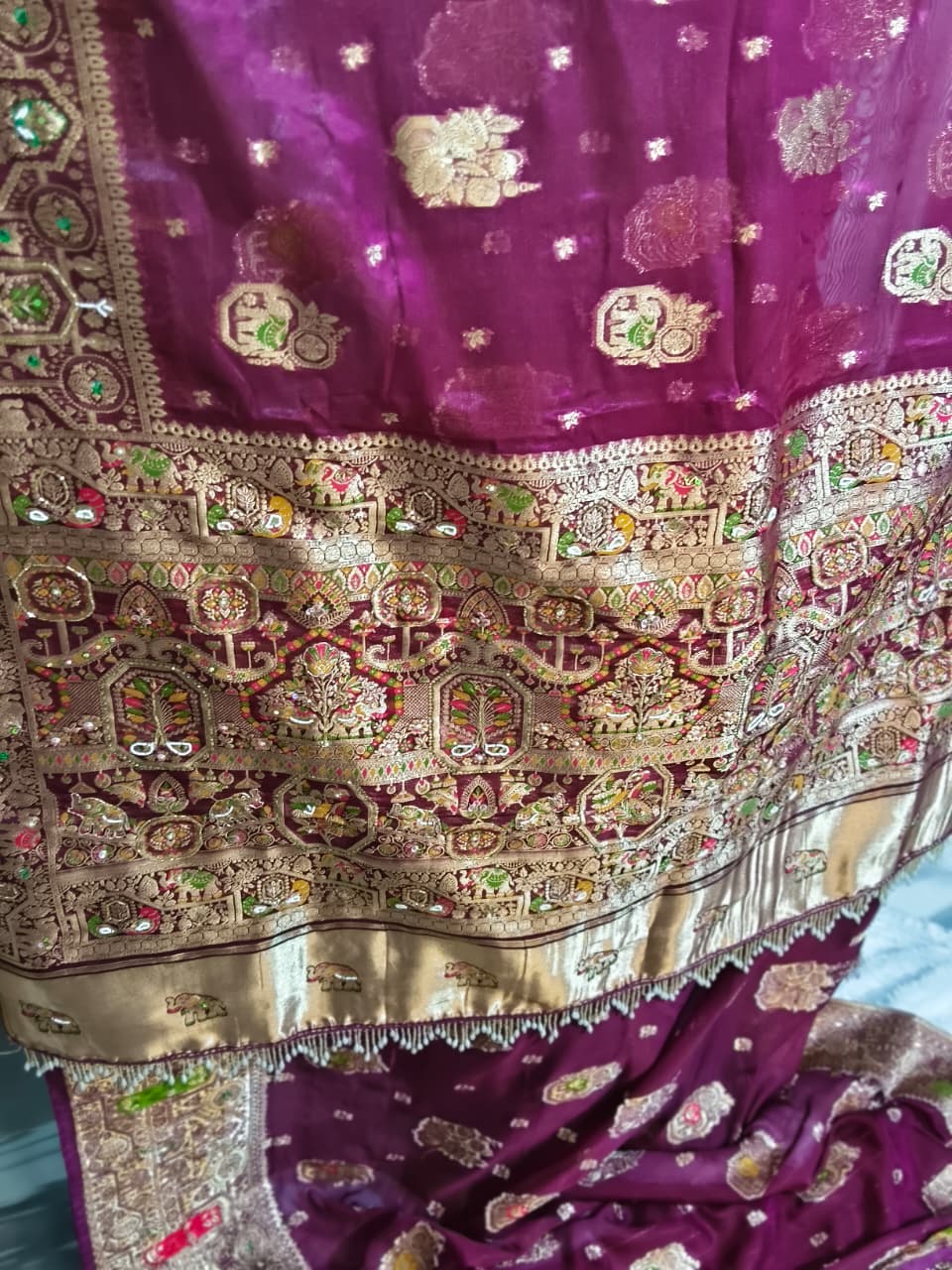 Royal Pure Silk Saree with C-Pallu Heavy Mirror & Moti Work
