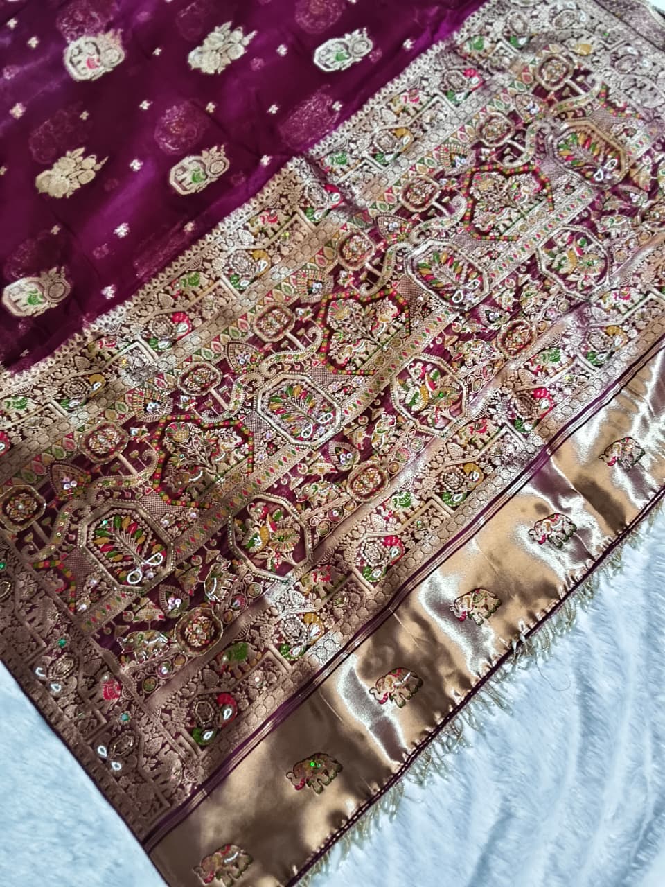 Royal Pure Silk Saree with C-Pallu Heavy Mirror & Moti Work