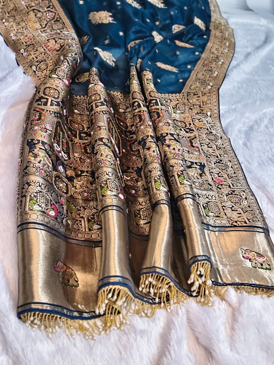 Royal Pure Silk Saree with Heavy C-Pallu Mirror & Moti Work