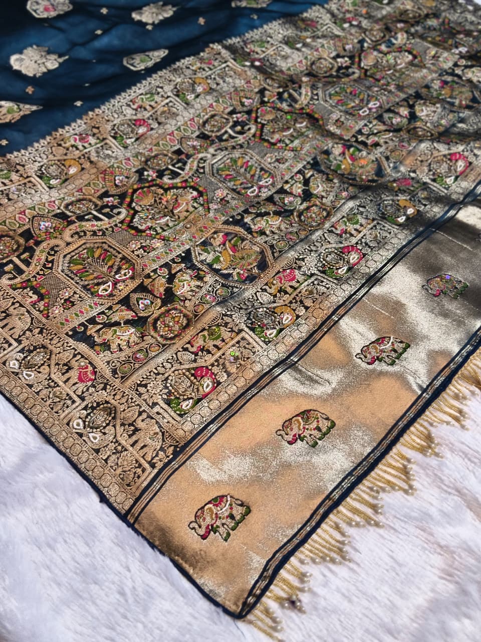 Royal Pure Silk Saree with Heavy C-Pallu Mirror & Moti Work