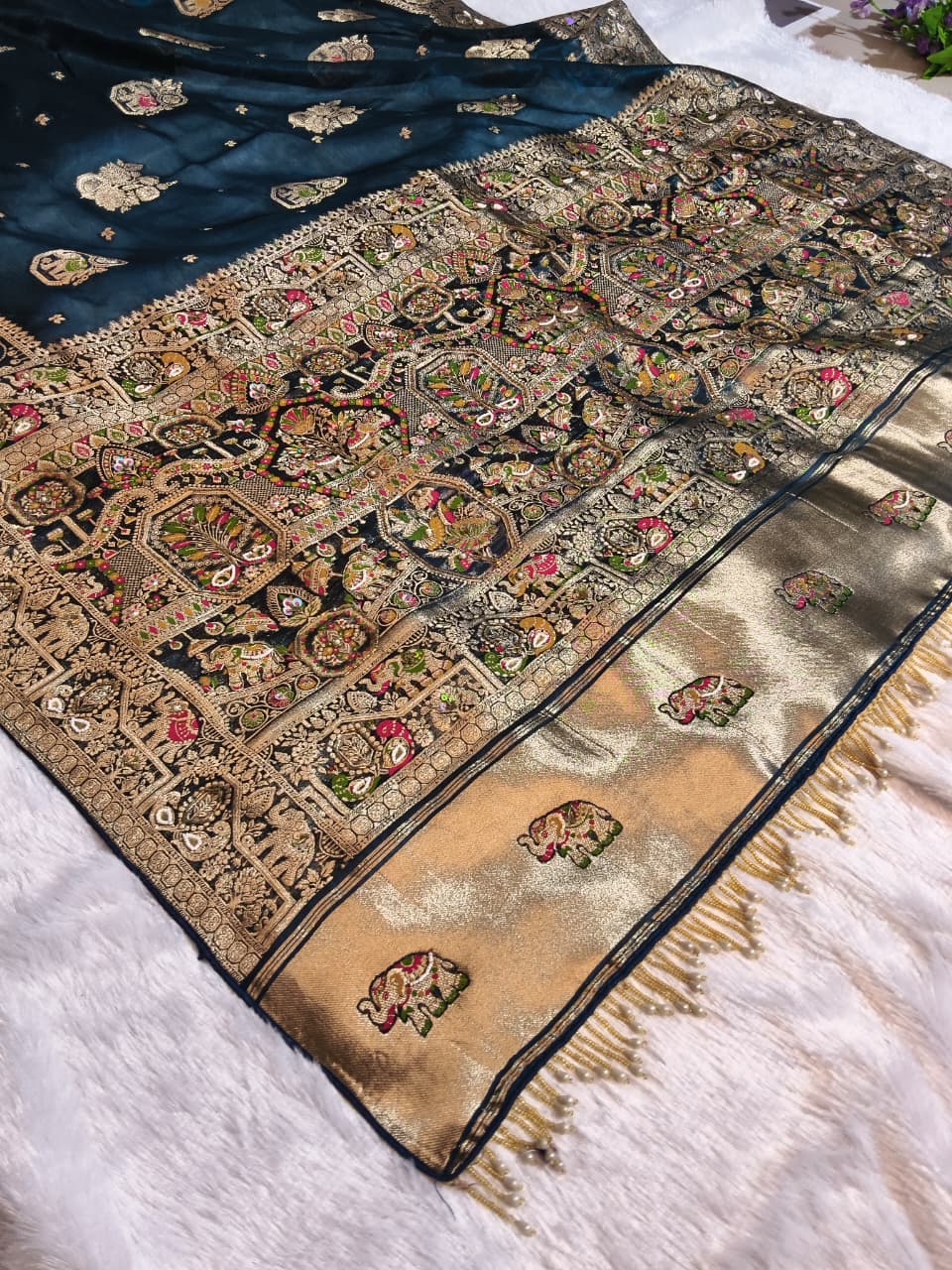 Royal Pure Silk Saree with Heavy C-Pallu Mirror & Moti Work