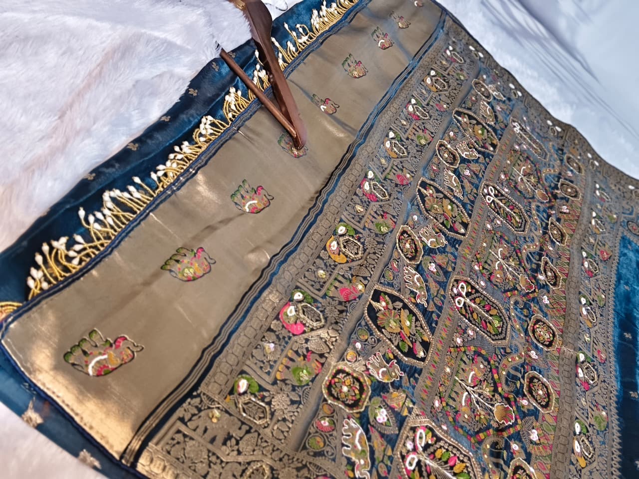 Royal Pure Silk Saree with Heavy C-Pallu Mirror & Moti Work