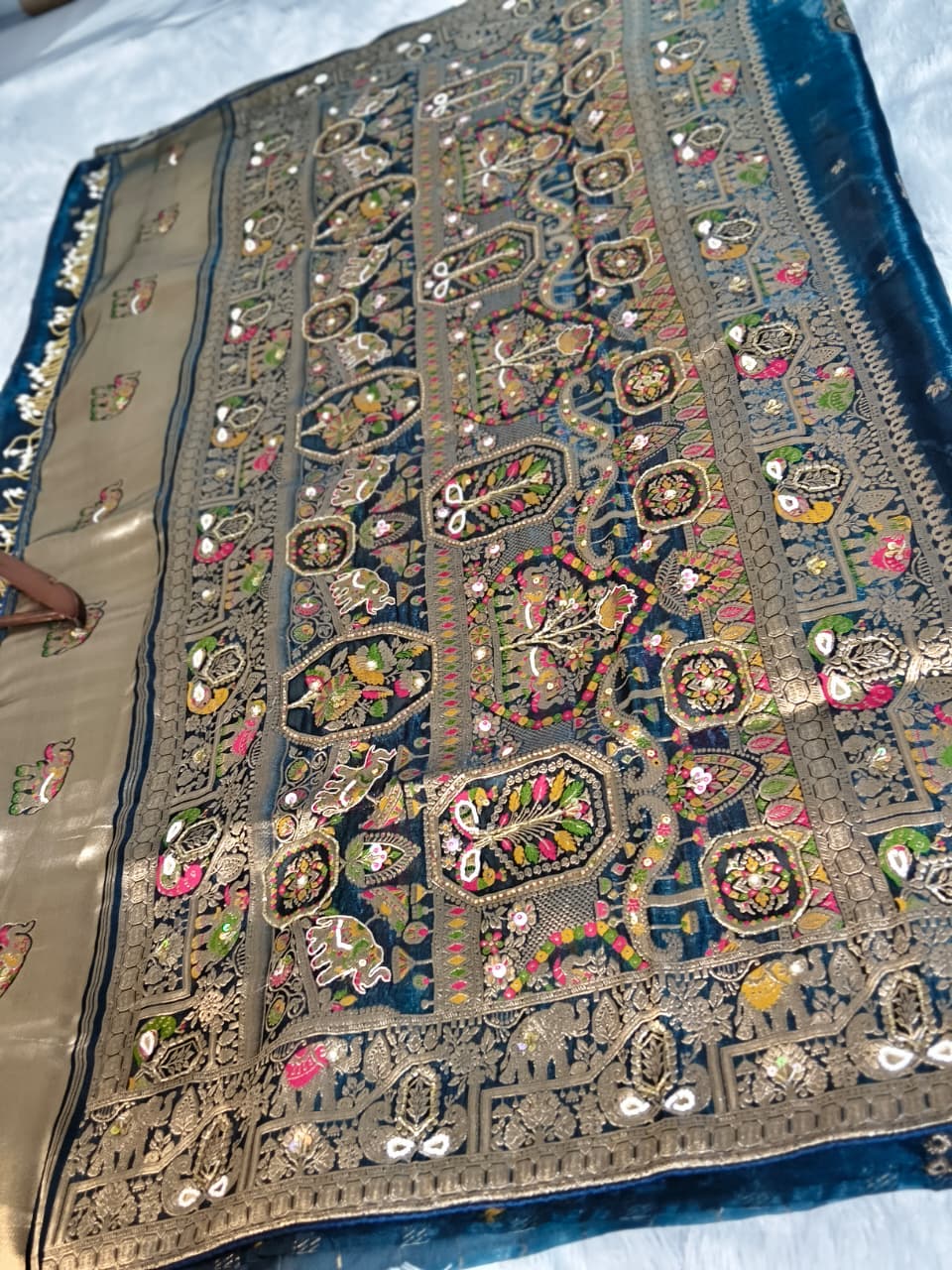 Royal Pure Silk Saree with Heavy C-Pallu Mirror & Moti Work