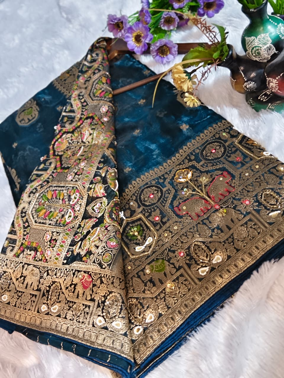 Royal Pure Silk Saree with Heavy C-Pallu Mirror & Moti Work