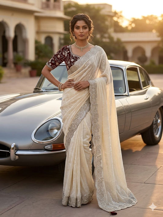 Soft space silk Satin Saree with heavy embroidery sequence