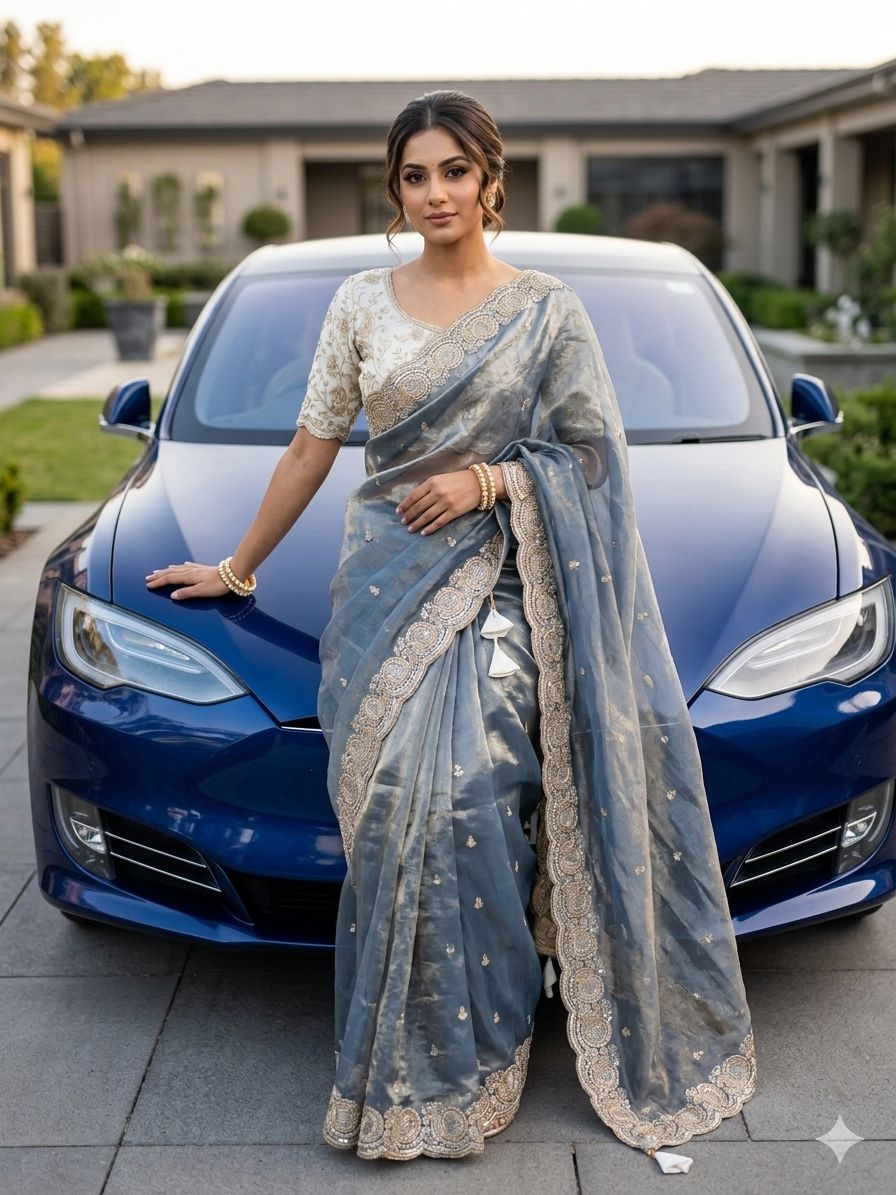 Soft space silk Satin Saree with heavy embroidery sequence
