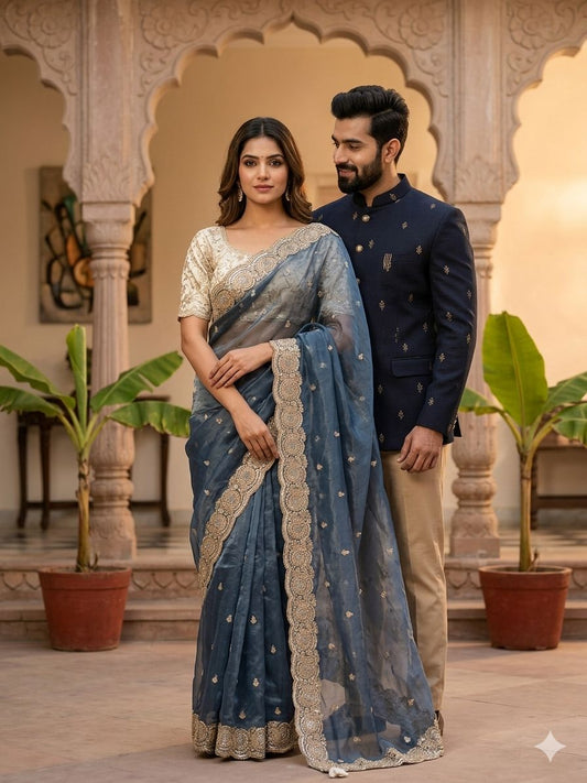 Soft space silk Satin Saree with heavy embroidery sequence