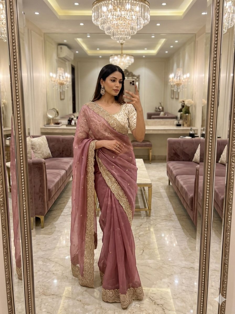 Soft space silk Satin Saree with heavy embroidery sequence