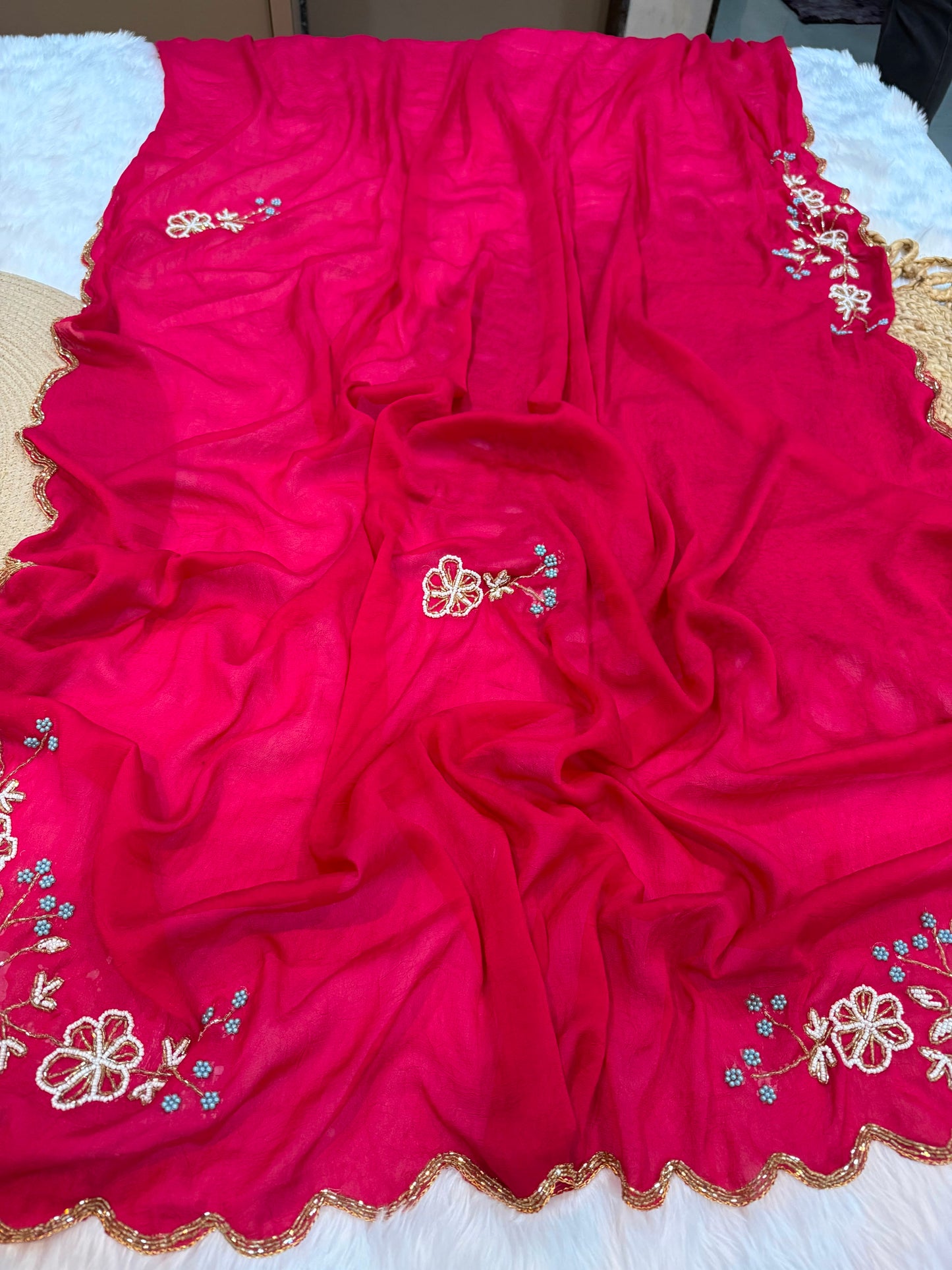 Rangoli crush saree with pearl nd cutdena handwork