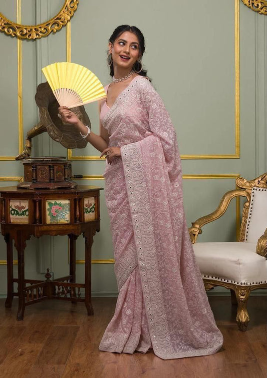 Faux geogert saree with white thread & seqnce saree