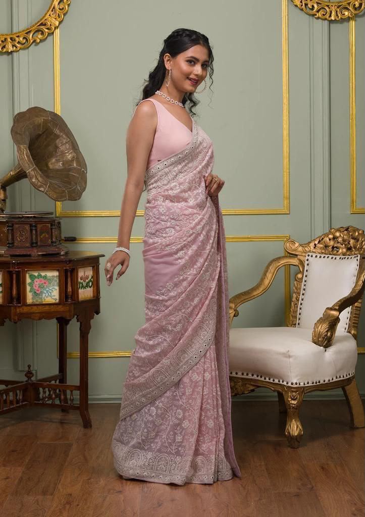 Faux geogert saree with white thread & seqnce saree