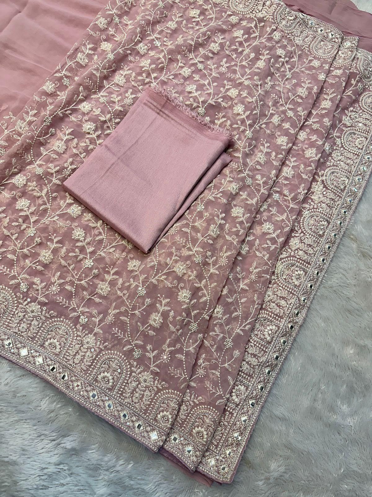 Faux geogert saree with white thread & seqnce saree