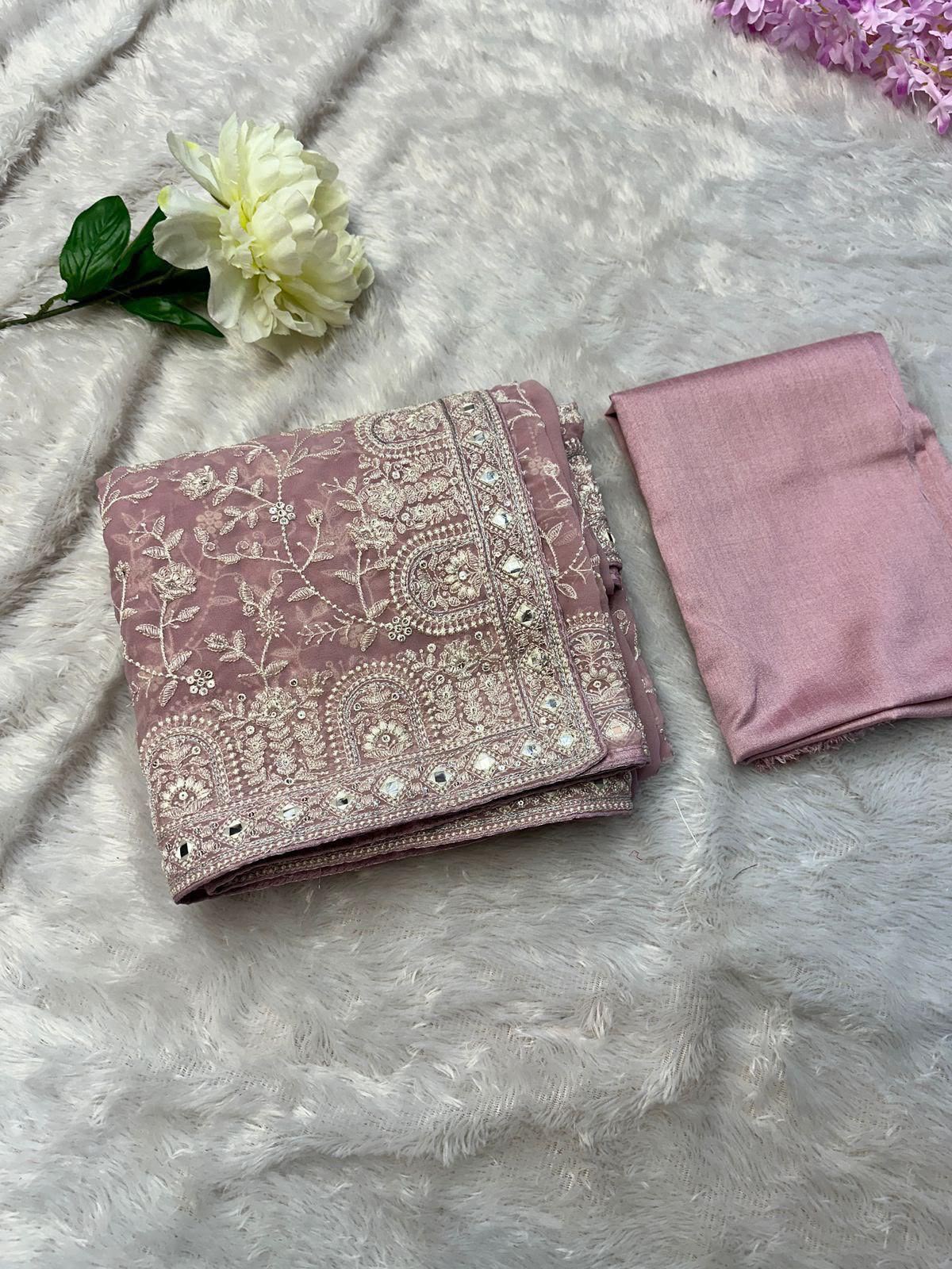 Faux geogert saree with white thread & seqnce saree
