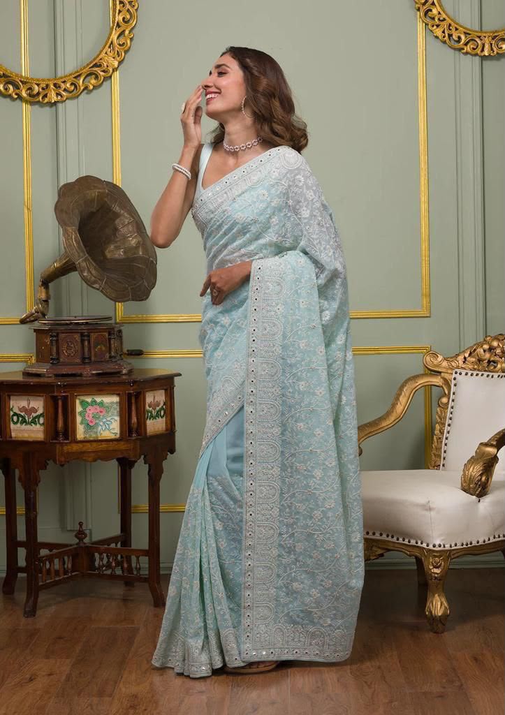 Faux geogert saree with white thread & seqnce saree