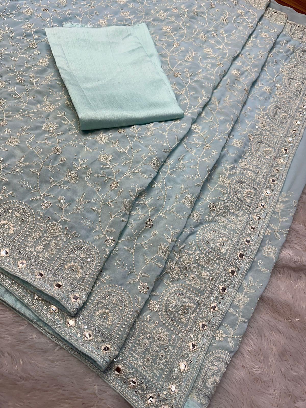 Faux geogert saree with white thread & seqnce saree