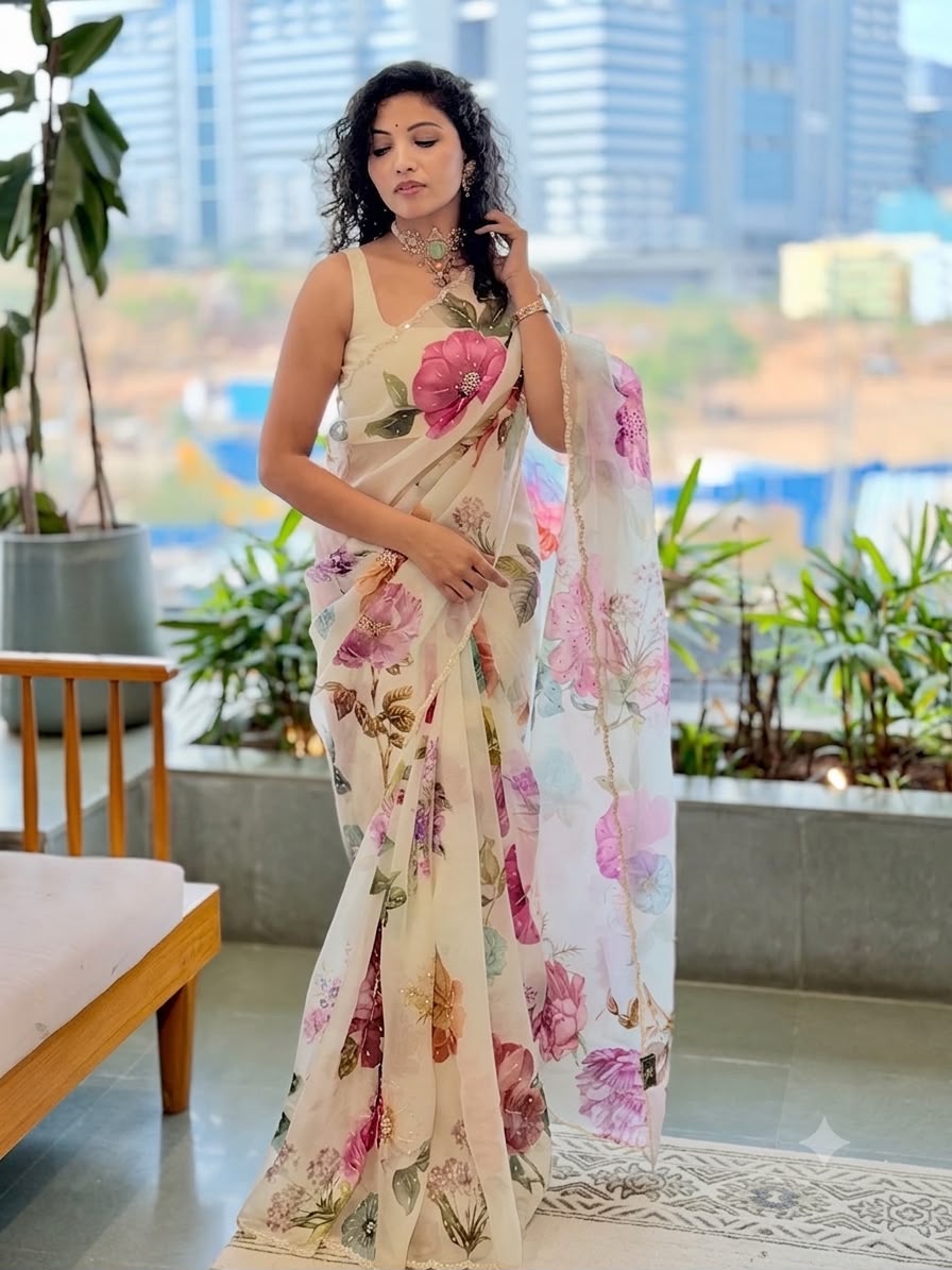 Beautiful soft tabi Saree featuring elegant flower digital print