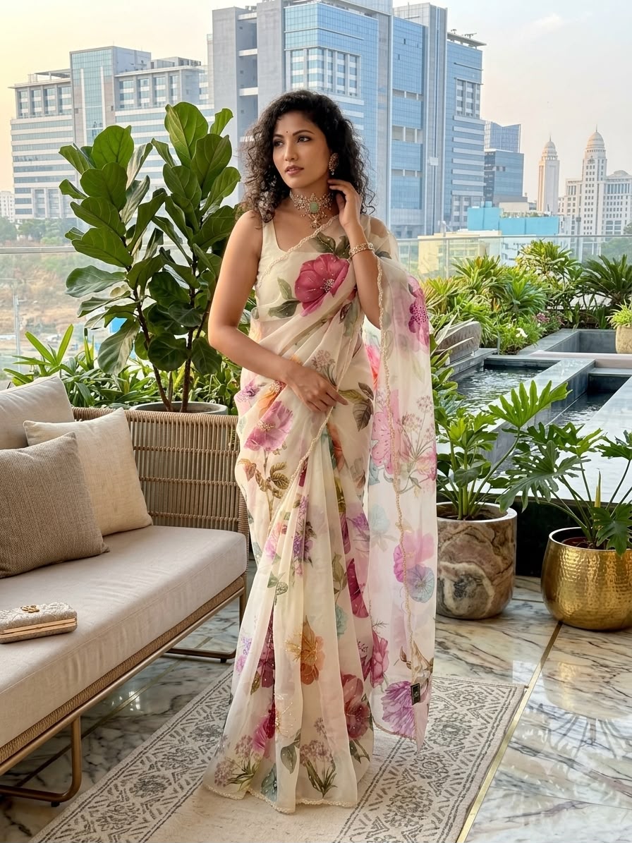 Beautiful soft tabi Saree featuring elegant flower digital print