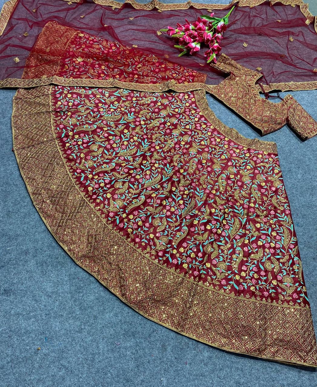 Maroon Colour Embroidered Attractive Party Wear Silk Lehenga choli