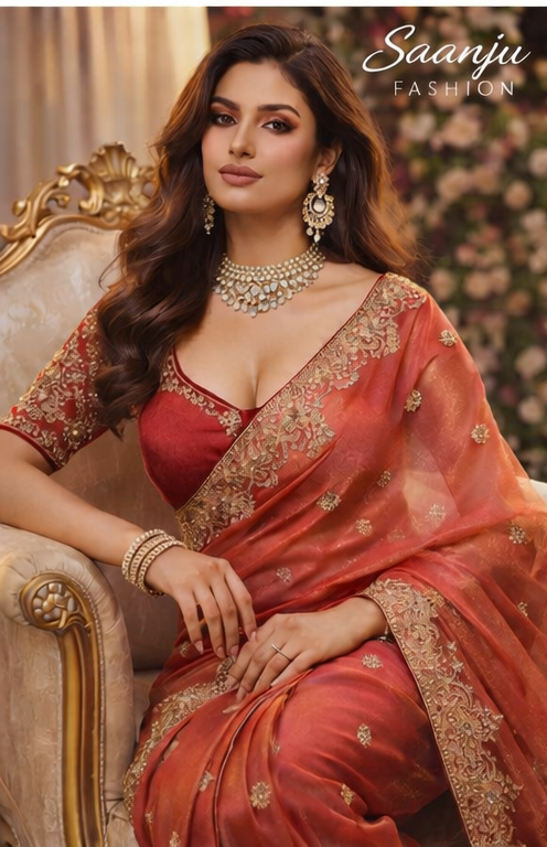 Luxury Pure Tissue Silk Saree with Heavy Stone Embroidery