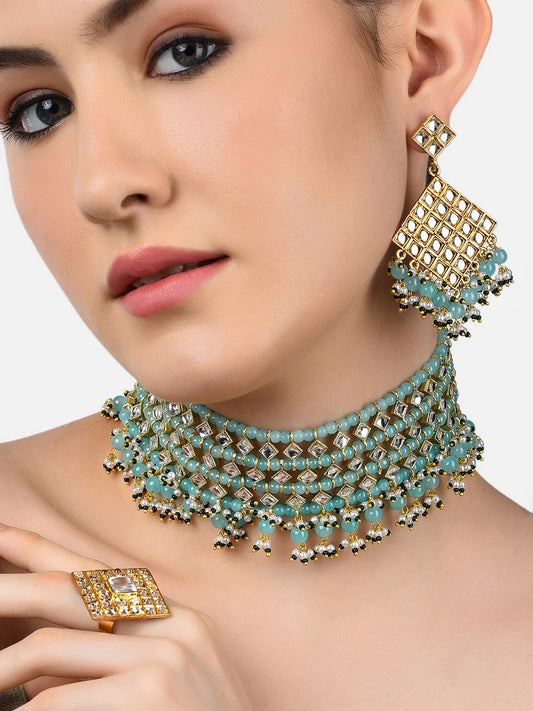 Gold-Plated Green Kundan-Studded & Pearl Beaded Jewellery Set