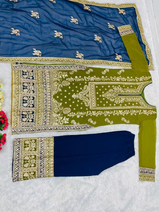 NEW DESIGNER HEAVY FUAX GEORGETTE GREEN PAKISTANI  SUIT