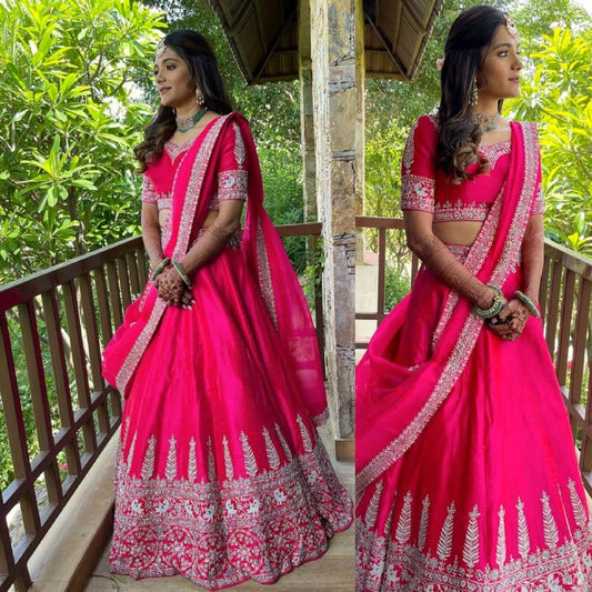 Rani pink Colour Embroidered Attractive Party Wear Silk Lehenga choli