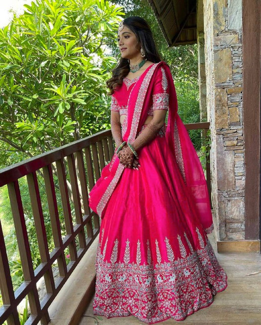 Rani pink Colour Embroidered Attractive Party Wear Silk Lehenga choli