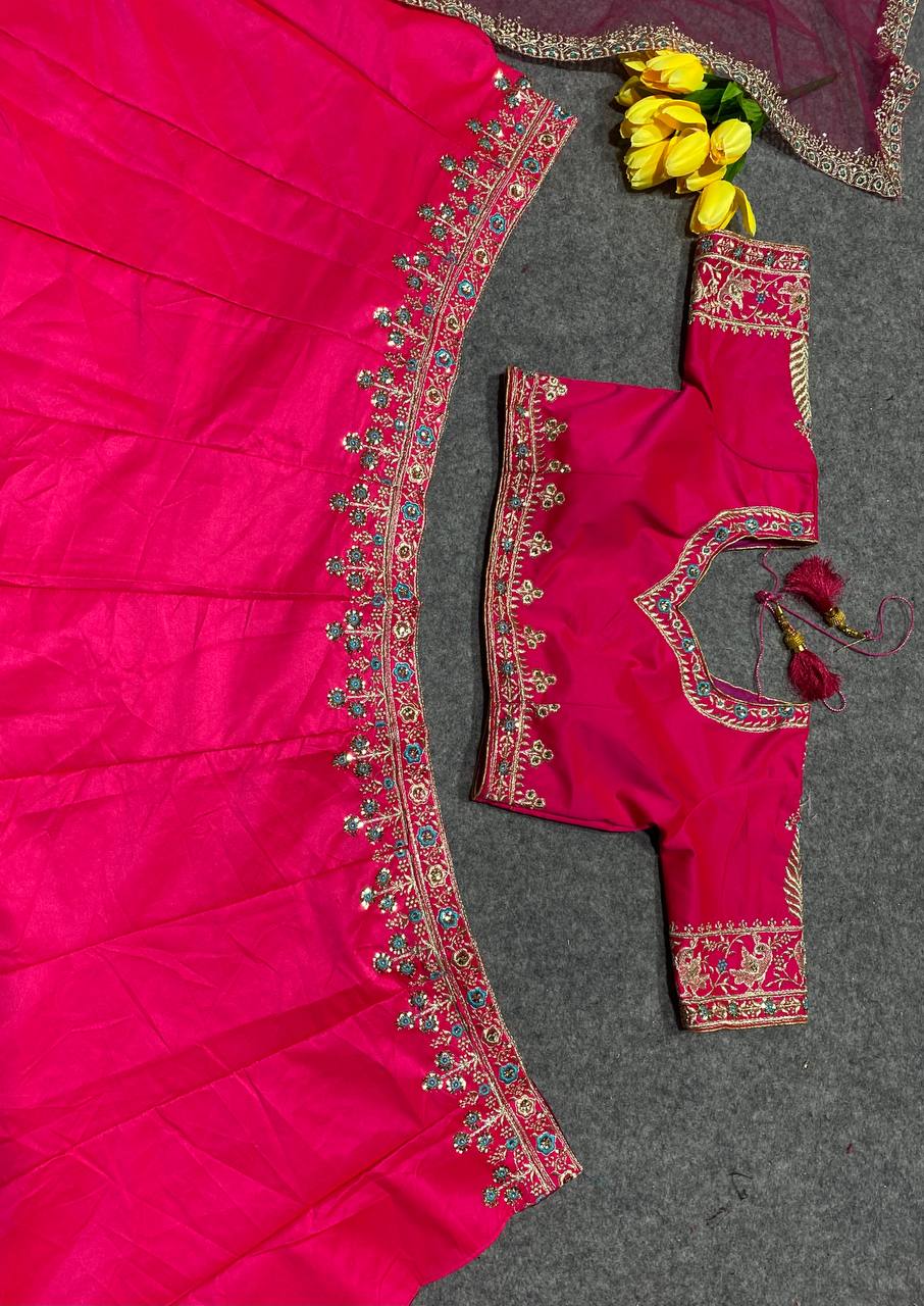 Rani pink Colour Embroidered Attractive Party Wear Silk Lehenga choli