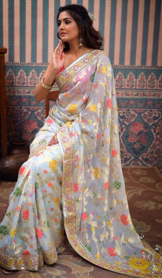 Chinon Silk Beautiful Floral Digital Printed Saree