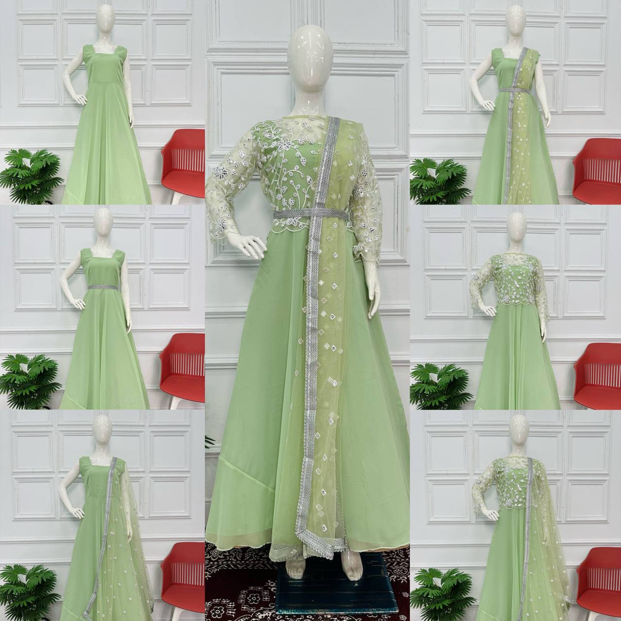 NEW SUPERHIT TRENDING GOWN ON FAUX GEORGETTE FABRIC WITH EMBROIDERED KOTI, BELT AND DUPATTA