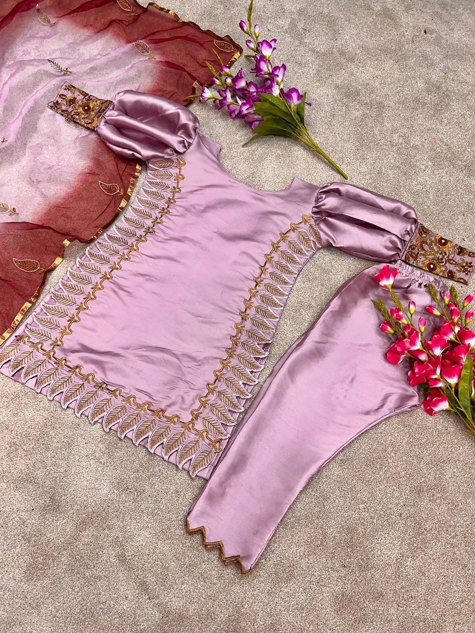 Pure Heavy Japan Satin Silk With Embroidery Work Suit