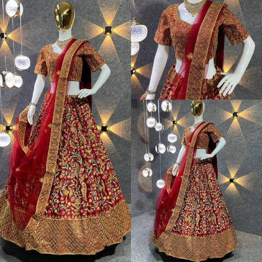 Maroon Colour Embroidered Attractive Party Wear Silk Lehenga choli